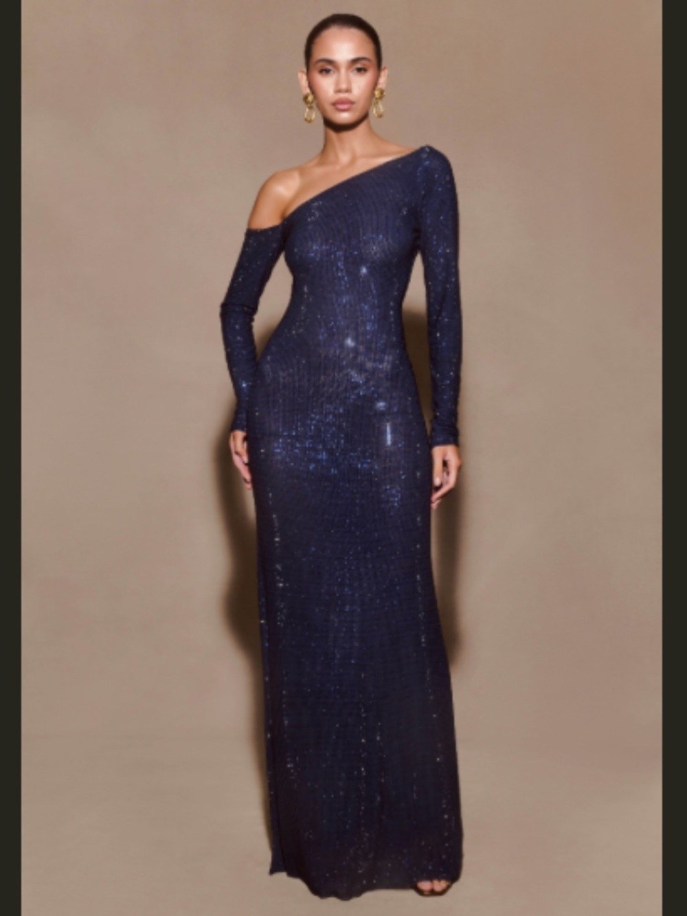 One-Shoulder Navy Sequin Evening Gown The MARCIA Diamante Long Sleeve Maxi Dress